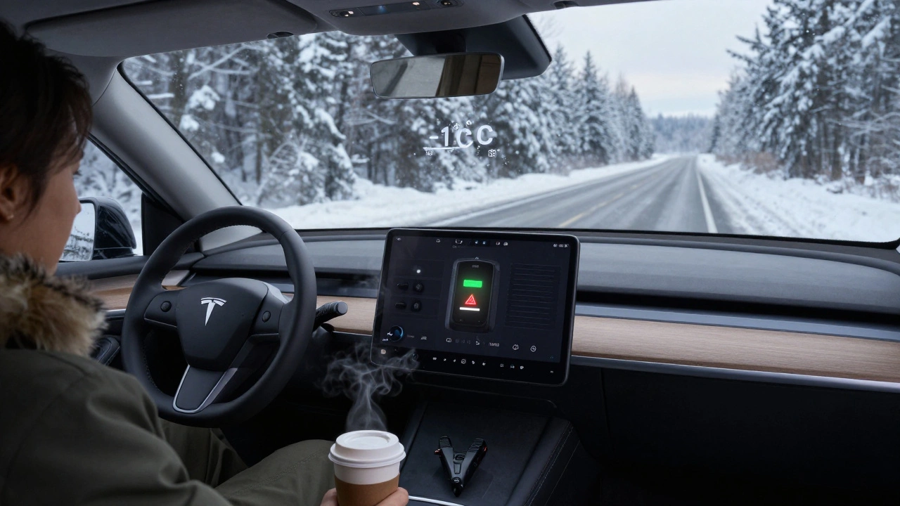 Varovná kontrolka baterie na přístrojové desce auta v zimním prostředí.