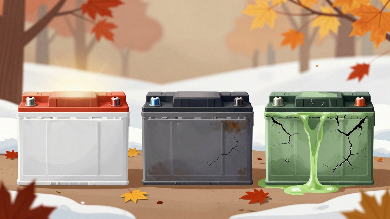 Vývoj autobaterie od nové po poškozenou s sezónními pozadím.