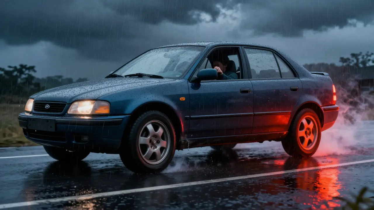 Auto na mokré silnici s jednou pneumatikou hydroplanující a druhou kouřící z přehřátí.