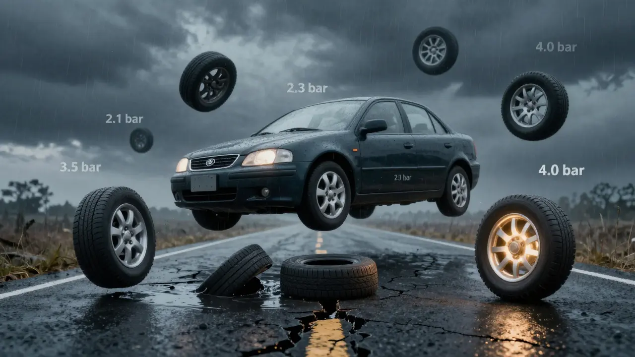 Automobil nad rozštísnutou silnicí s plavajícími pneumatikami různých tlaků.