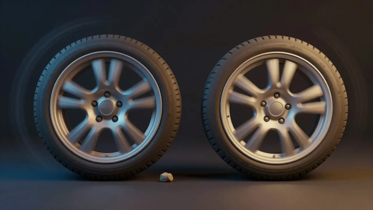 Dvě kola: jedno nevyvážené s nepravidelnými vibracemi, druhé vyvážené a rovnoměrně se točící.