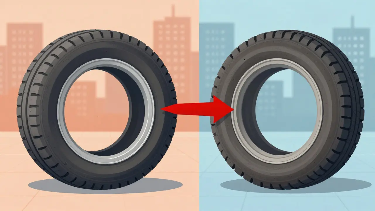 Dvě pneumatiky s nesprávným tlakem: jedna opotřebovaná na okrajích, druhá uprostřed.