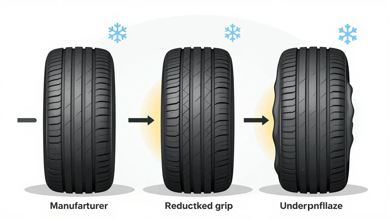 Křížový řez pneumatiky ukazující správný, příliš vysoký a příliš nízký tlak s označenými hodnotami v baru.