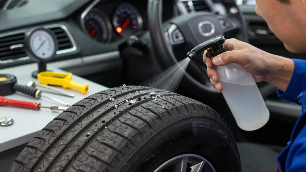 Mechanik hledá únik vzduchu v pneumatice pomocí vodního spreje.