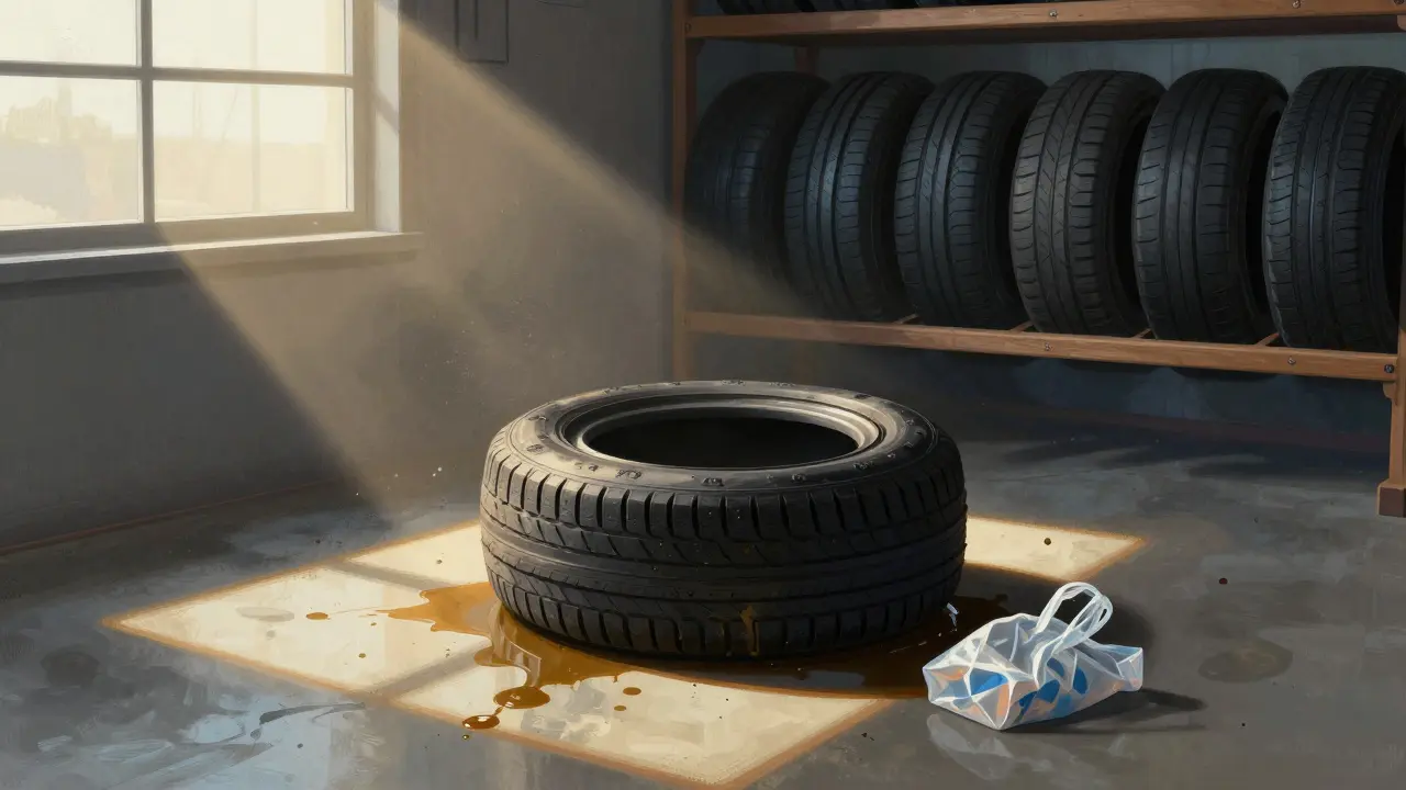 Nesprávně uložená pneumatika na podlaze v garáži proti správnému uložení na hřídeli.