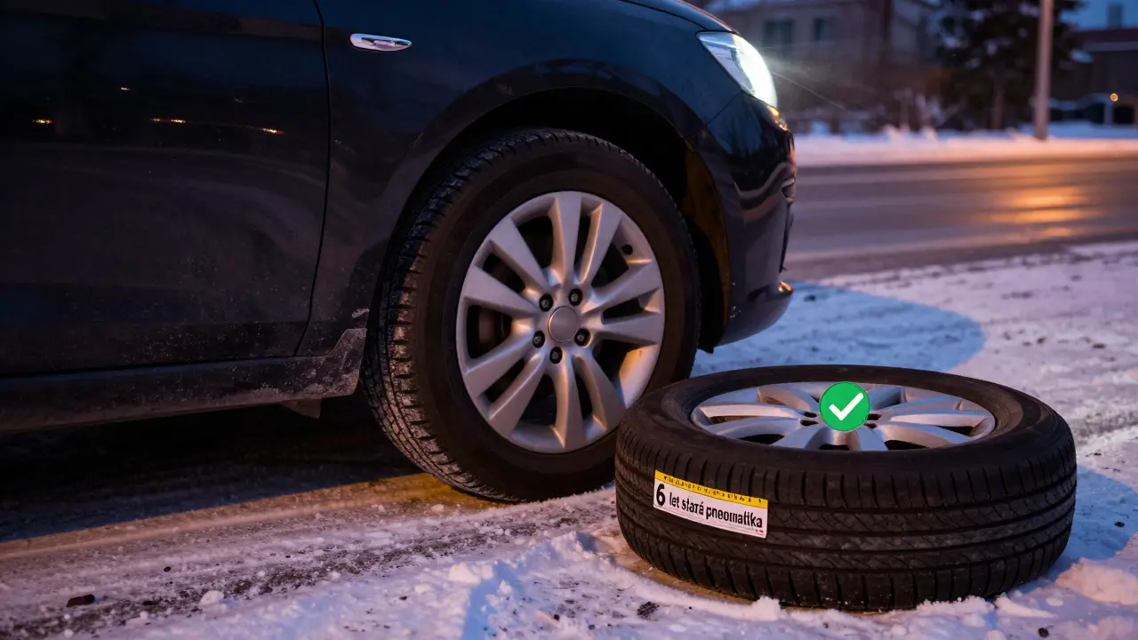 Nesprávně vyvážené kolo na sněhu s varováním o stáří pneumatiky v pozadí.