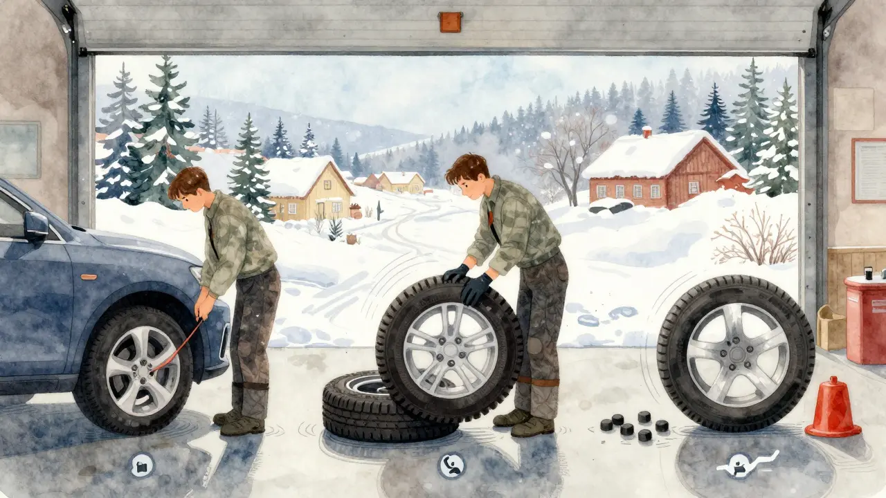 Pětikrokový proces přezutí pneumatik v ilustrované formě s výhledem na zimní krajinu.