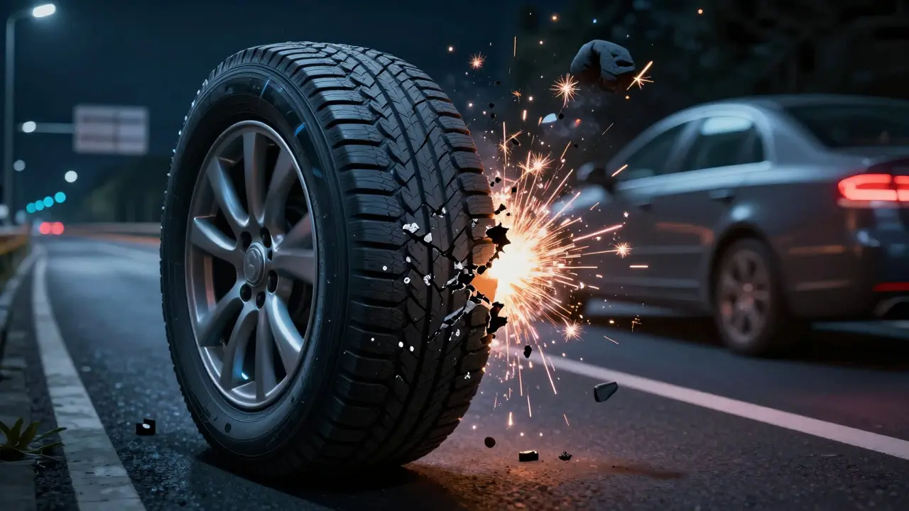 Pneumatika na dálnici: jedna strana opravená, druhá prasklá a vypouštějící vzduch.