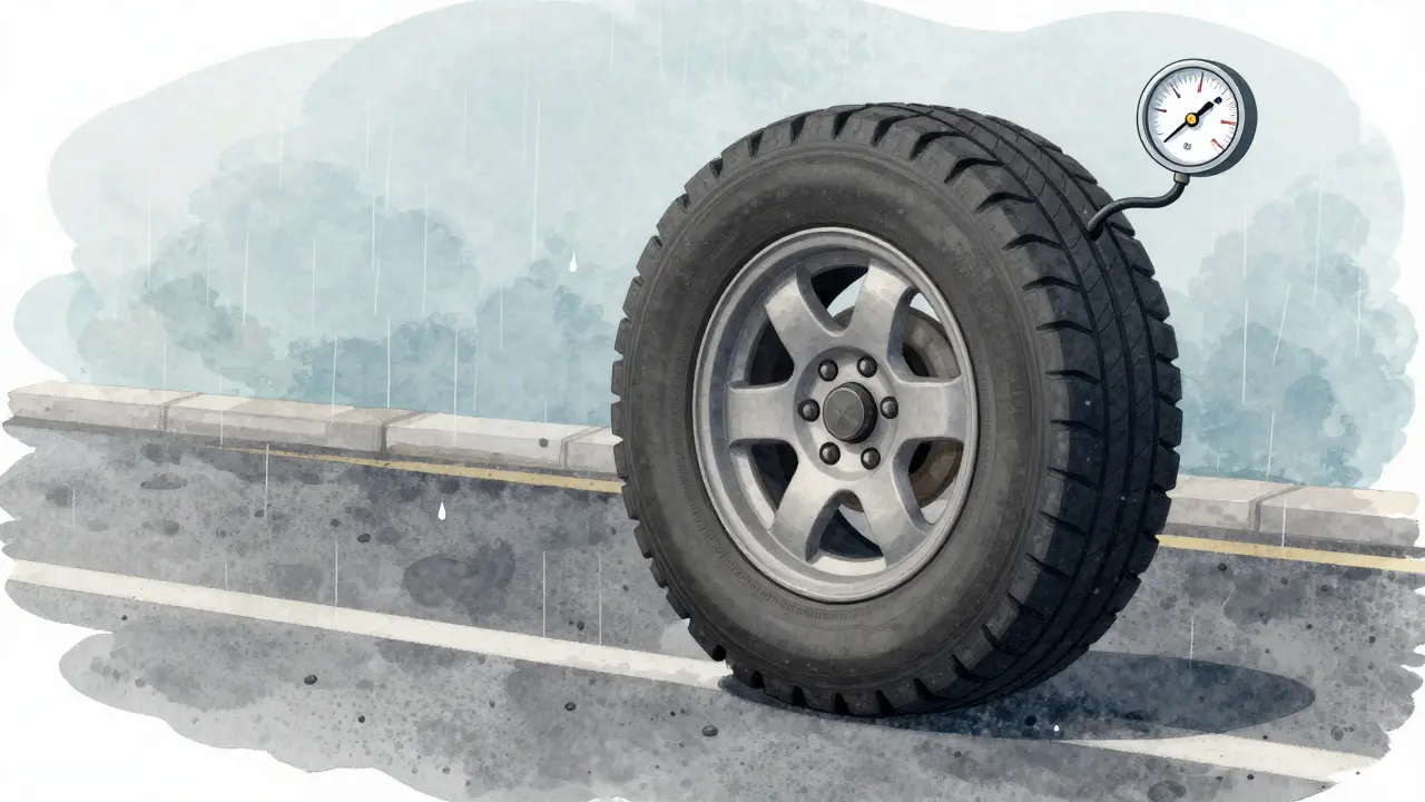 Pneumatika s nesprávným tlakem, jedna strana vystupuje, vozovka s jemným povrchem a dešťové kapky.