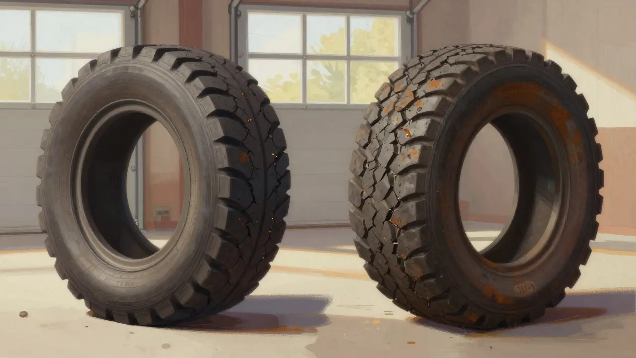 Porovnání nové a staré pneumatiky s viditelnými trhlinami