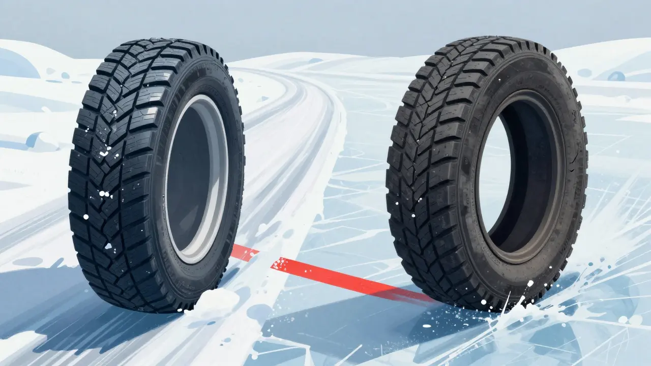 Porovnání nové a staré zimní pneumatiky na sněhu: jedna drží cestu, druhá klouže na ledu.