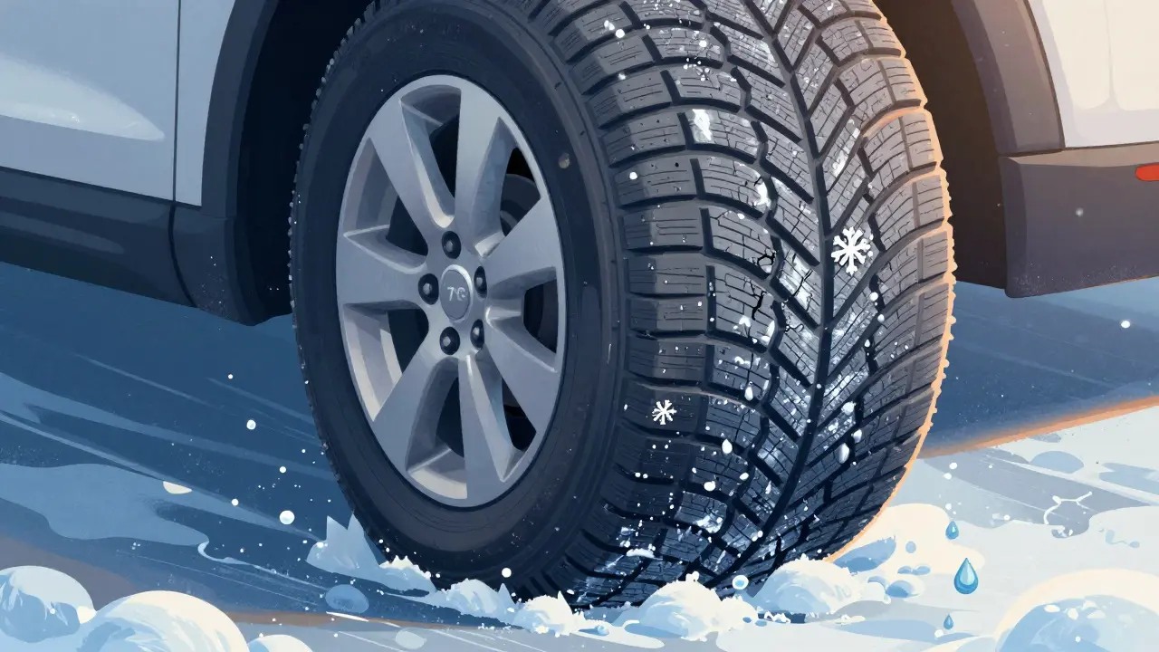 Porovnání vnitřní struktury letní a zimní pneumatiky s lamelami a sněhovou hvězdou.