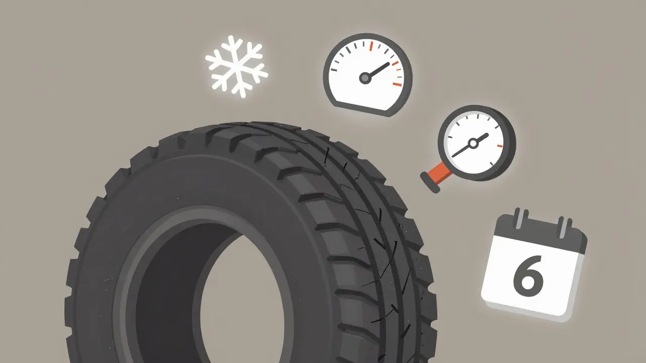 Poškozená pneumatika s trhlinami a symboly opotřebení