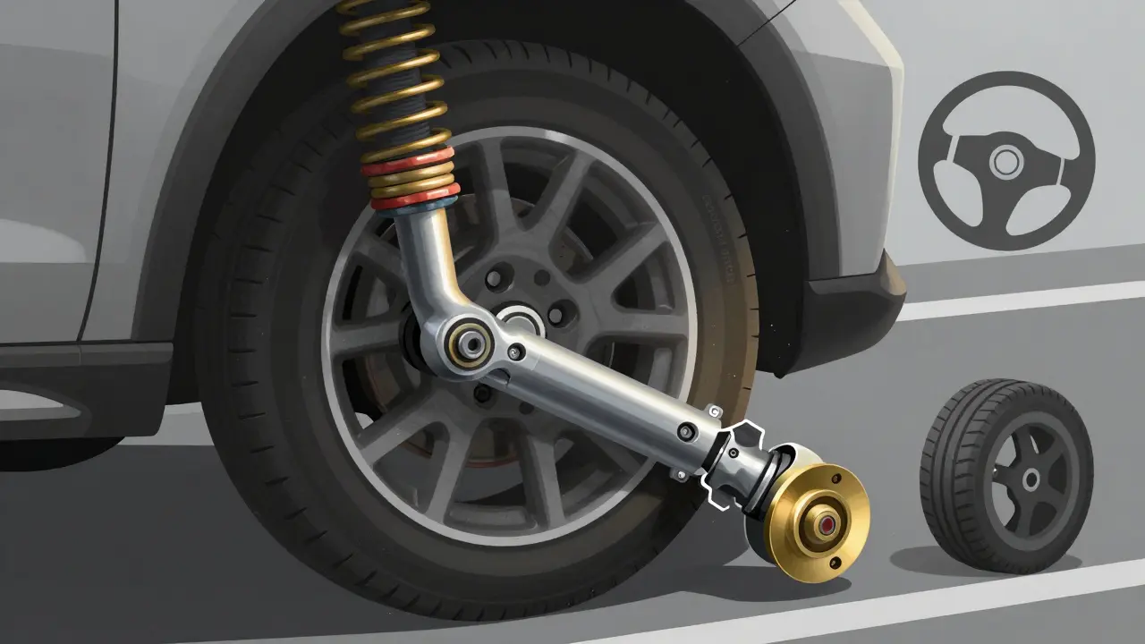 Průřez poškozené poloosy s poškozenými ložisky a nesprávnou geometrií kola.