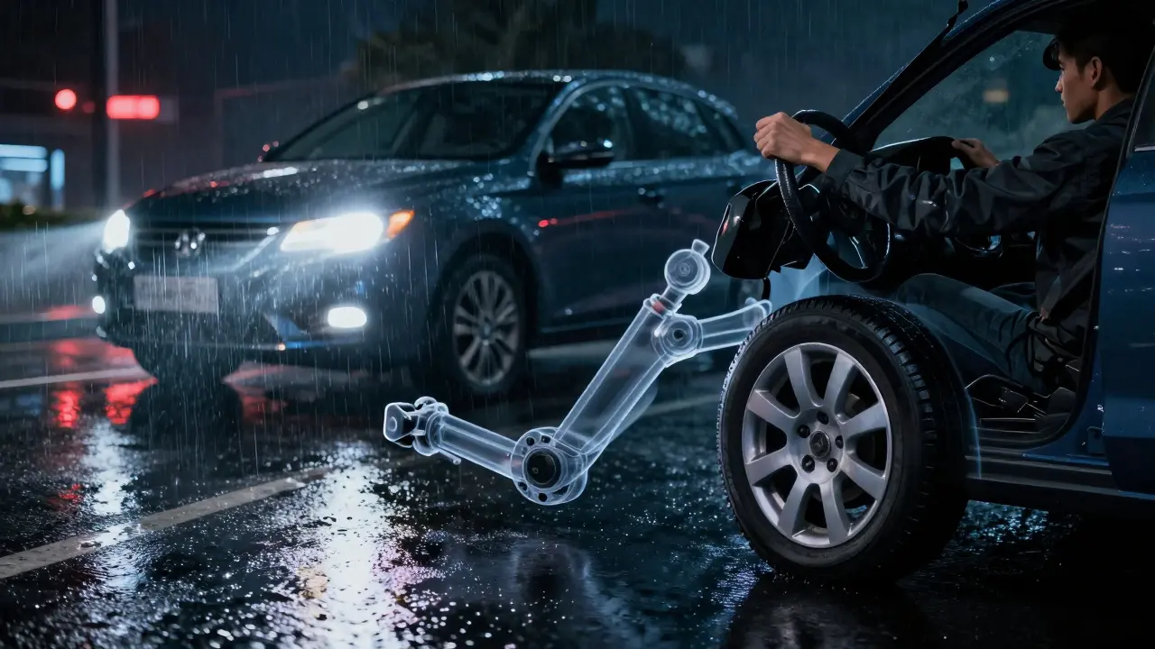 Řidič cítí třesení volantu při jízdě v dešti, skrytá porucha podvozku.