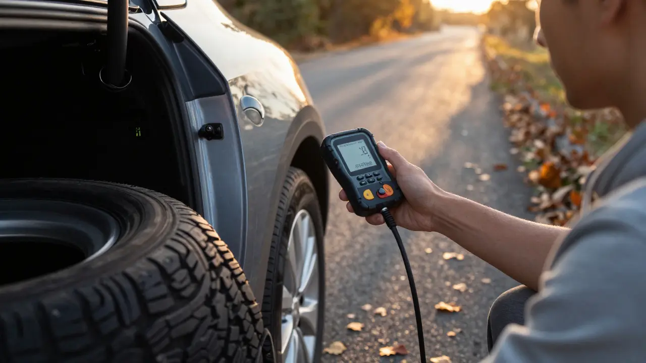 Řidič kontroluje tlak pneumatik ručním manometrem na kraji silnice.