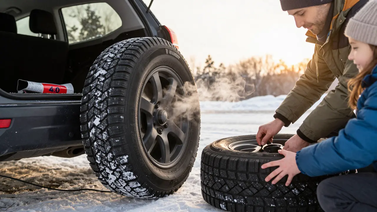 Rodina připravuje SUV na zimní cestu, kontroluje tlak v pneumatikách a náhradním kole.