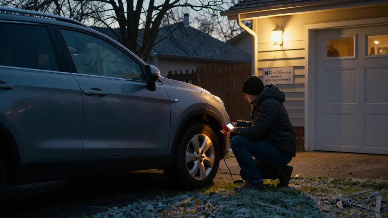 Rodinné auto v zimním prostředí s kontrolou tlaku pneumatik dusíkem.