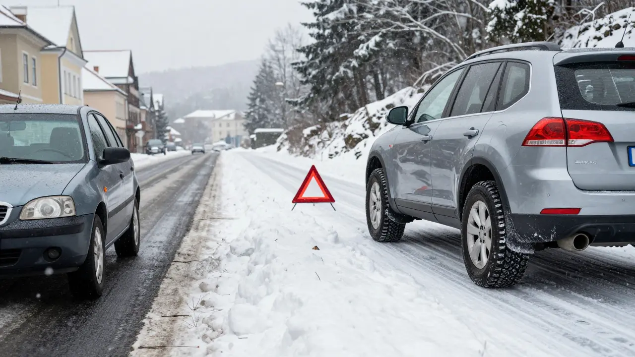 Rozdělená silnice: bezpečná jízda ve městě vs. nebezpečí na horské cestě s celoročními pneumatikami.