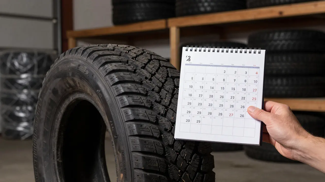 Ruka drží starou pneumatiku vedle kalendáře s lety 2016–2026, symbolizující časové stárnutí gummy.