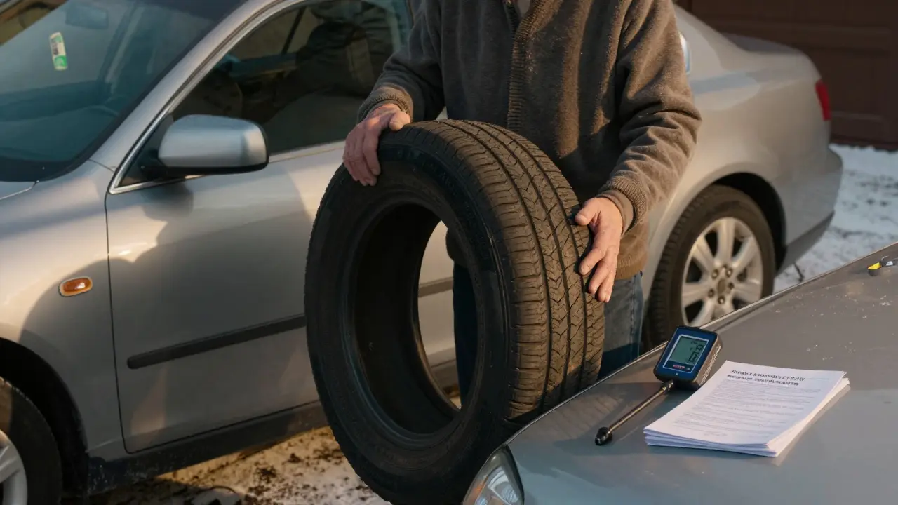 Stará a nová pneumatika vedle sebe u auta z roku 2012, na krytu motoru měřič tlaku a příručka.