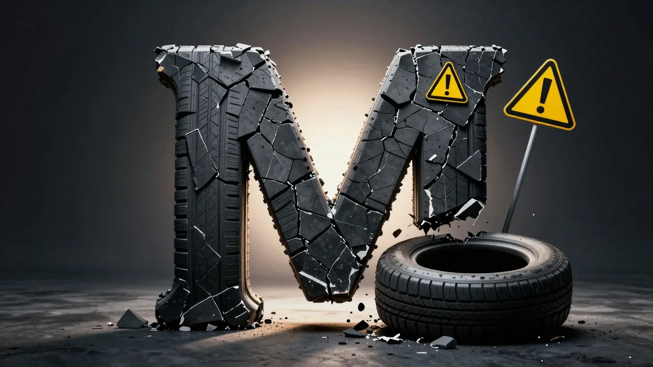 Symbolický obraz bezpečnostního rizika způsobeného chybějícím označením M na pneumatice.