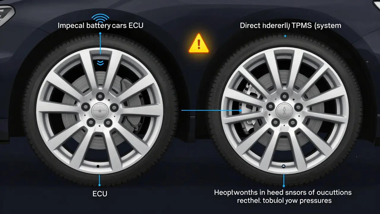 Technický nákres srovnávající přímý a nepřímý systém TPMS v kolech automobilu s vysvětlením principu fungování.