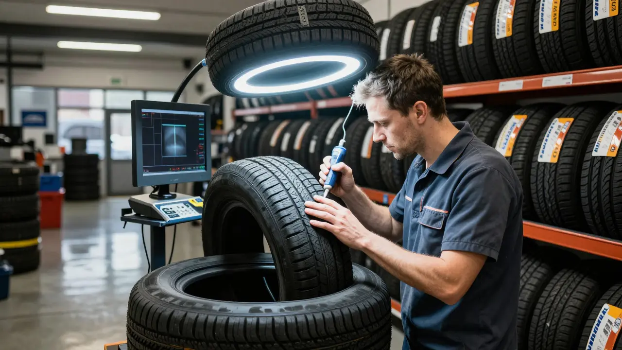 Technik kontroluje pneumatiku ultrazvukovým přístrojem v servisu.