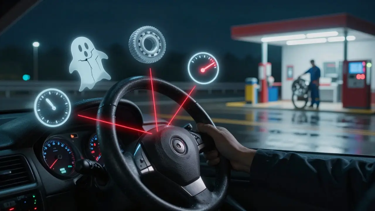 Třesoucí se volant na dálnici s viditelnými důsledky nevyvážených kol: opotřebená pneumatika, selhající ložisko a růst spotřeby.