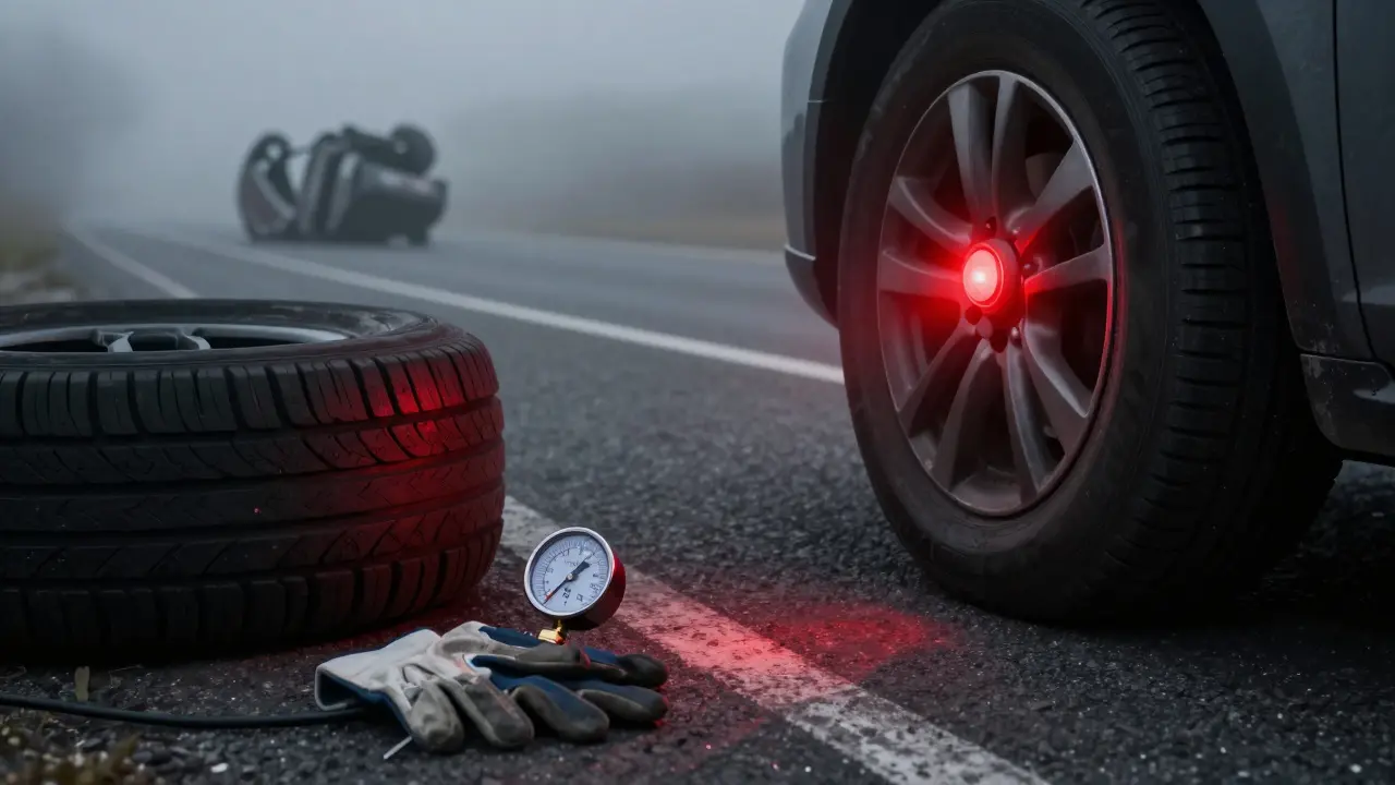 Varovací světlo na přístrojové desce a dvě pneumatiky, jedna správně nafouknutá, druhá přetížená, s nářadím na pozadí.