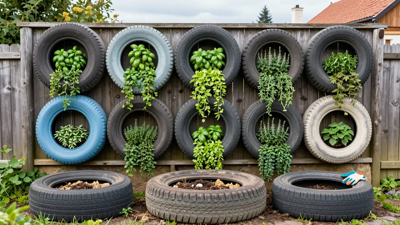 Vertikální zahrada z barevných pneumatik na plotě s bylinkami a kompostovací nádobou.