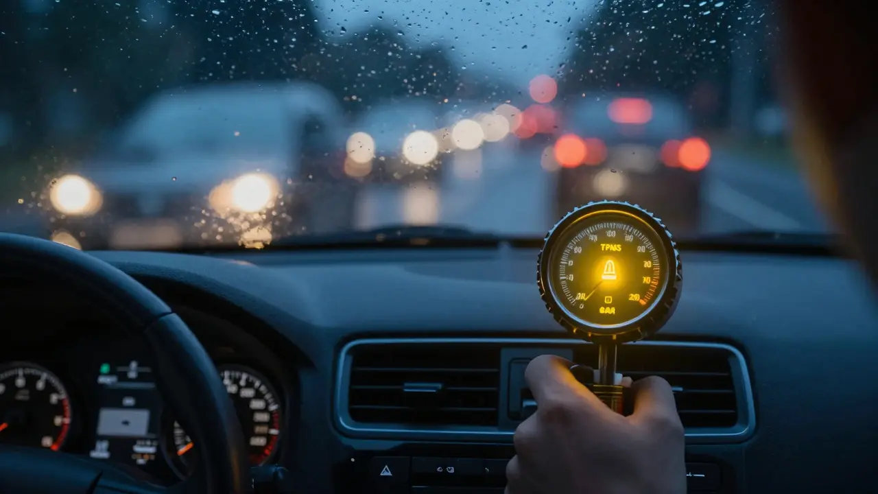 Vnitřek automobilu v noci, žlutá kontrolka TPMS svítí na přístrojové desce, na volantu je tlakoměr, venku prší.