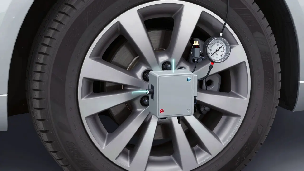 Vnitřní senzor tlaku pneumatik na ventilu s bezdrátovým přenosem dat.