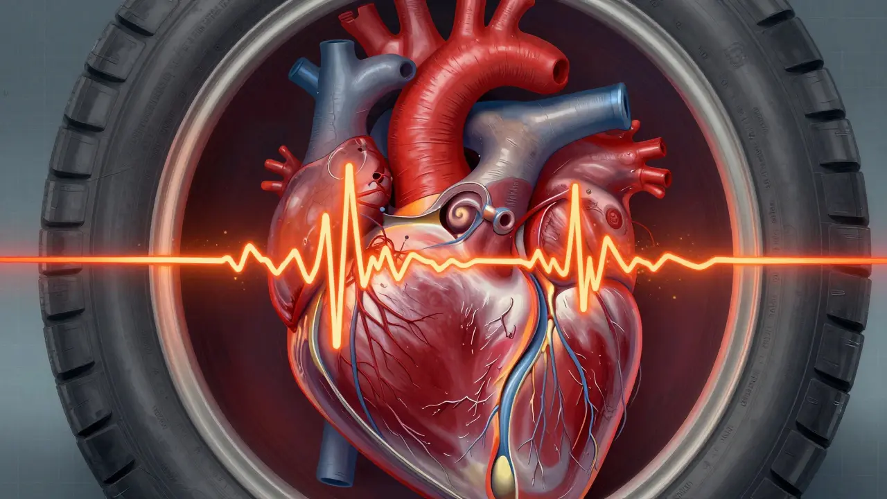 Vnitřní struktura pneumatiky znázorněná jako srdce s vysokým a nízkým tlakem, symbolizující tep a klid.
