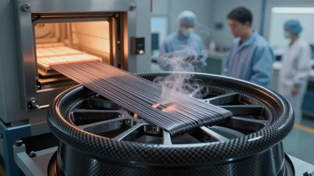 Výroba uhlíkového ráfku: jemná vlákna se vrství v peci při vysoké teplotě.