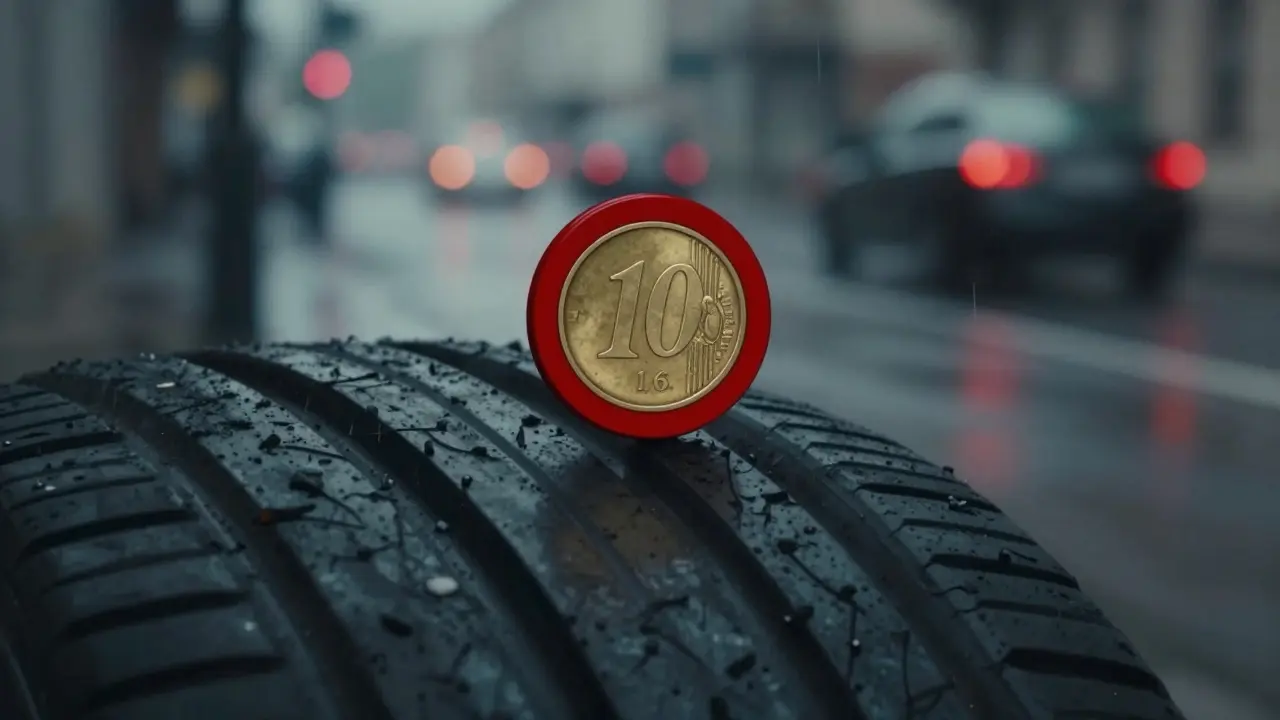 10-koruna vložená do drážky pneumatiky, celý červený kruh viditelný, což znamená hloubku pod 1,6 mm.