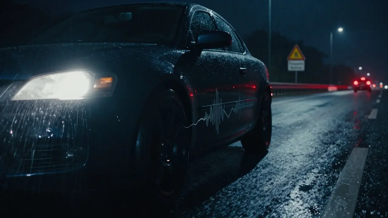 Auto na dálnici s boulí na pneumatice při noční jízdě.