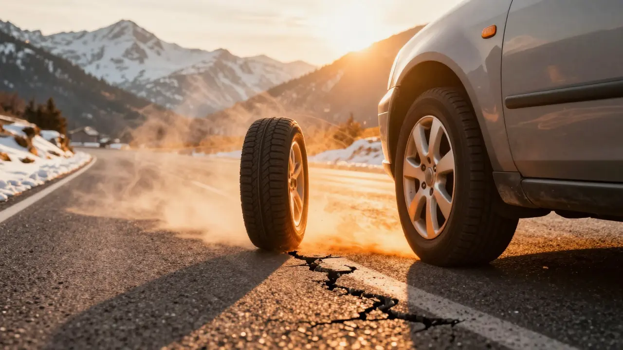 Automobil se smyká na suché silnici s zimními pneumatikami v Rakousku.