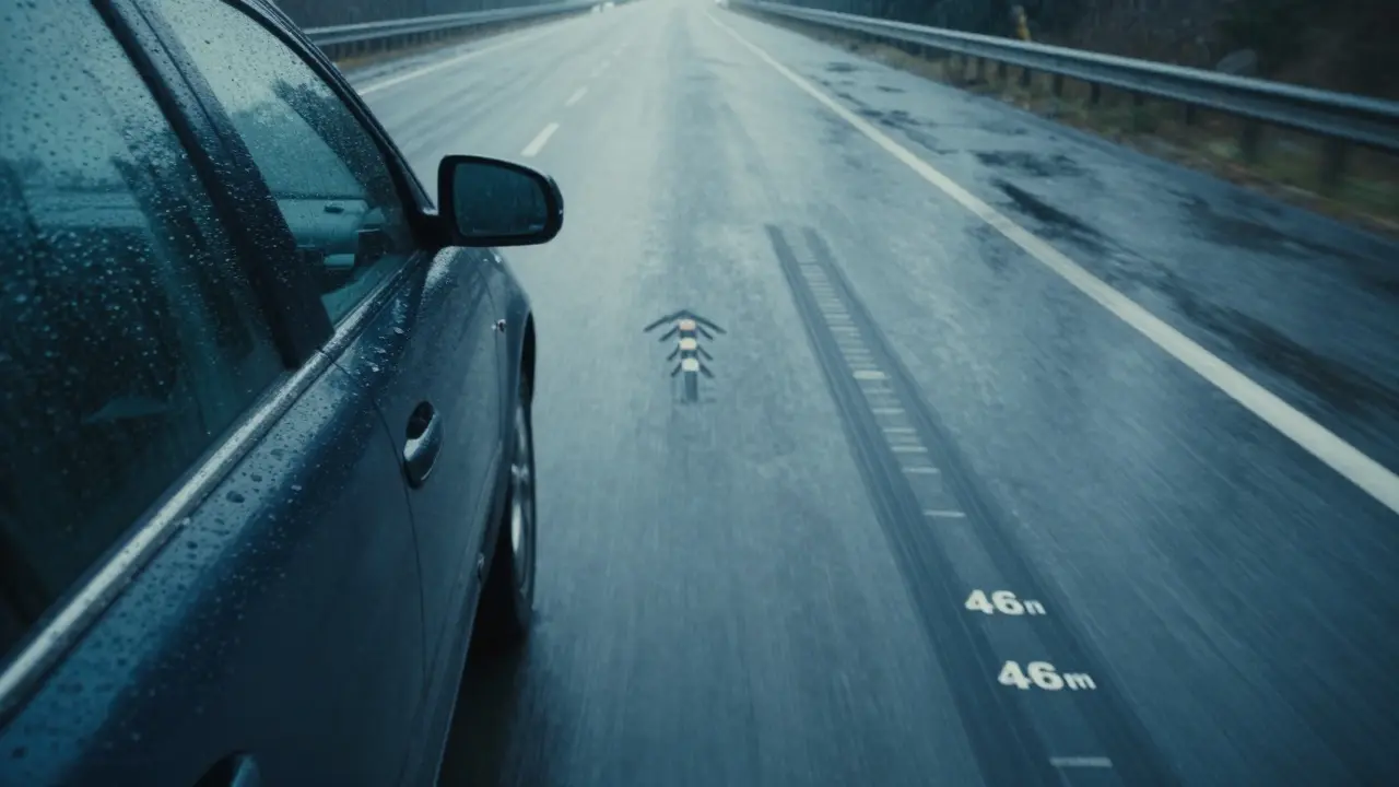 Brzdná dráha třídy C a G na mokré silnici s vzdálenostními značkami.