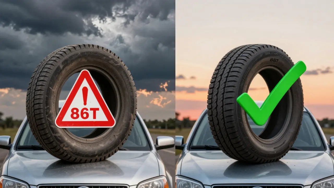 Comparison of damaged 86T tire versus safe 88T tire on identical cars.