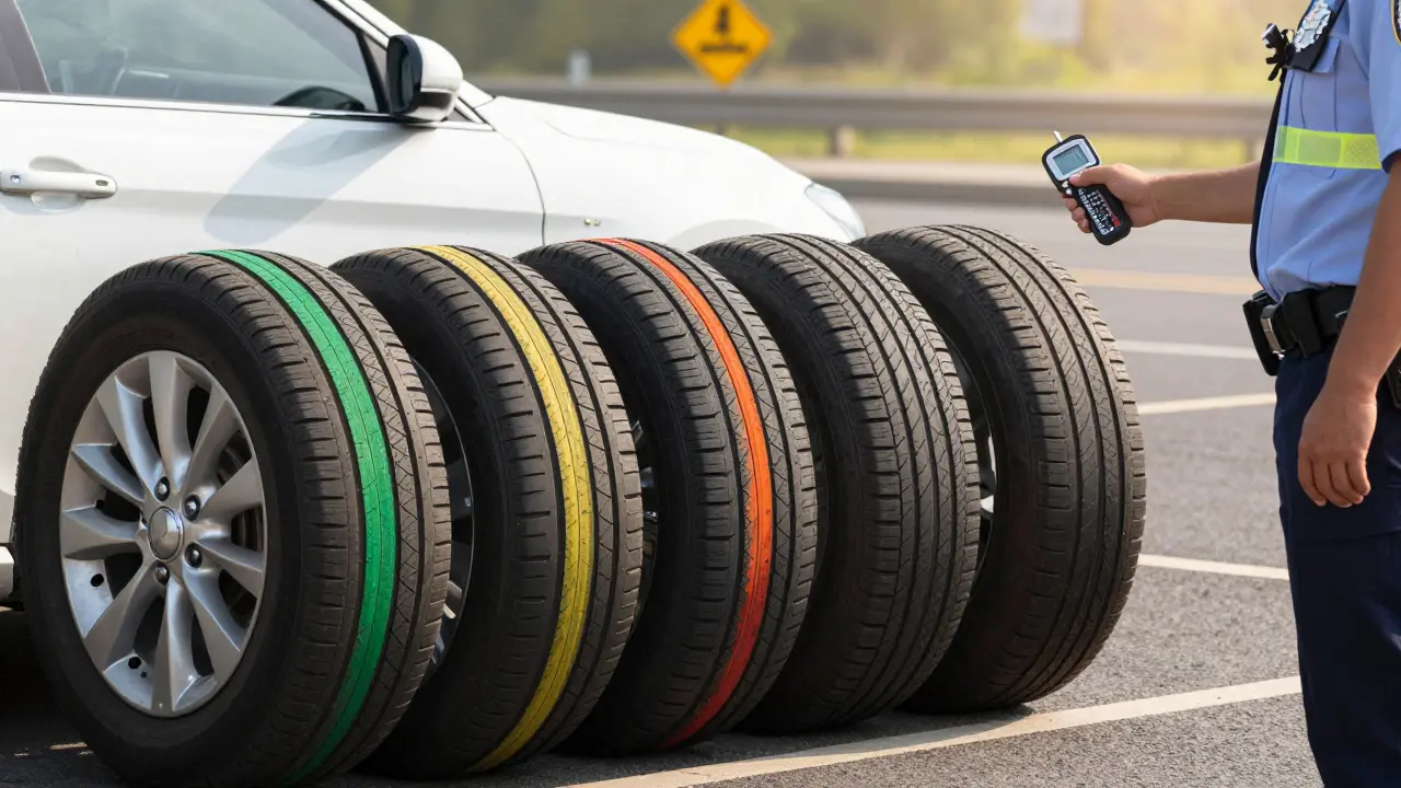 Čtyři pneumatiky s různým opotřebením a policistou s měřicím přístrojem.