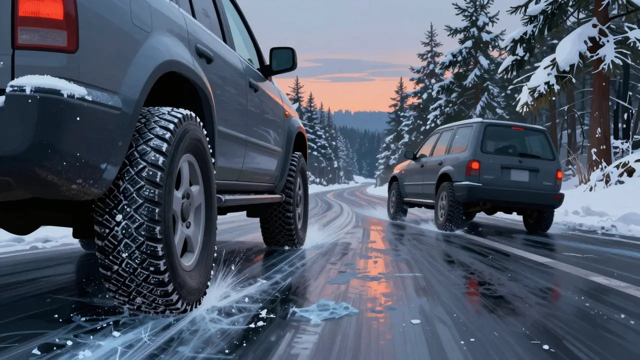 Dva automobily na zasněžené silnici: jeden s dobrým profilem drží vozidlo, druhý s opotřebovanými pneumatikami klouže.