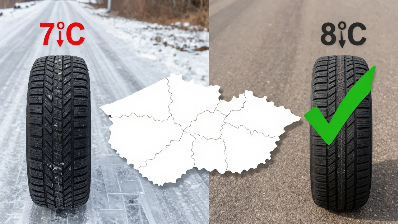 Dvě strany: zimní pneumatiky na ledě vs. letní na suché silnici s teplotními hranicemi.