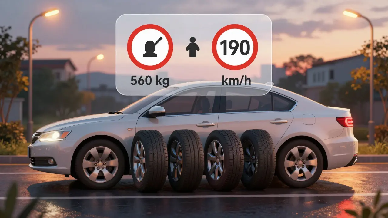 Family car on wet road with tire labels 88T and weight/speed indicators above.