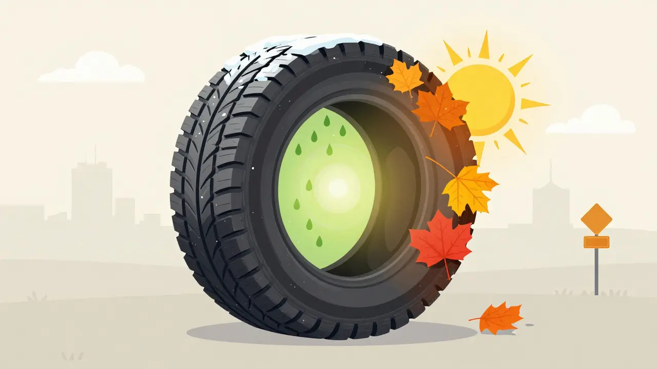 Koncepční obrázek jedné pneumatiky procházející čtyřmi ročními obdobími s 3PMSF symbolem.