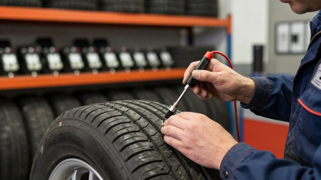 Mechanik pečlivě manipuluje se senzorem TPMS při výměně pneumatik.