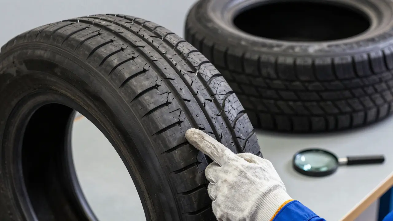 Mechanik prohlíží jemné praskliny na boku staré pneumatiky pomocí lupy.