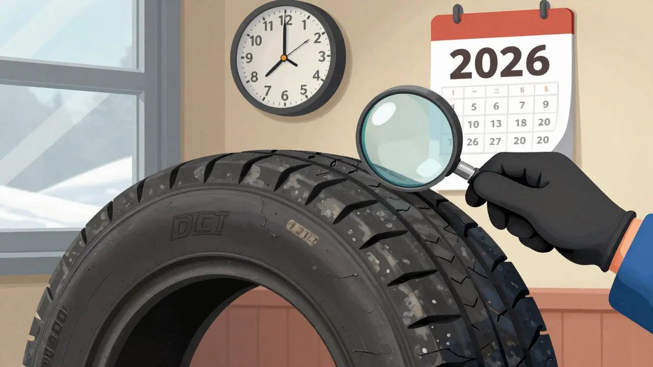 Mechanik prohlíží pneumatiku pomocí lupy, kde jsou patrné známky stárnutí gumy.