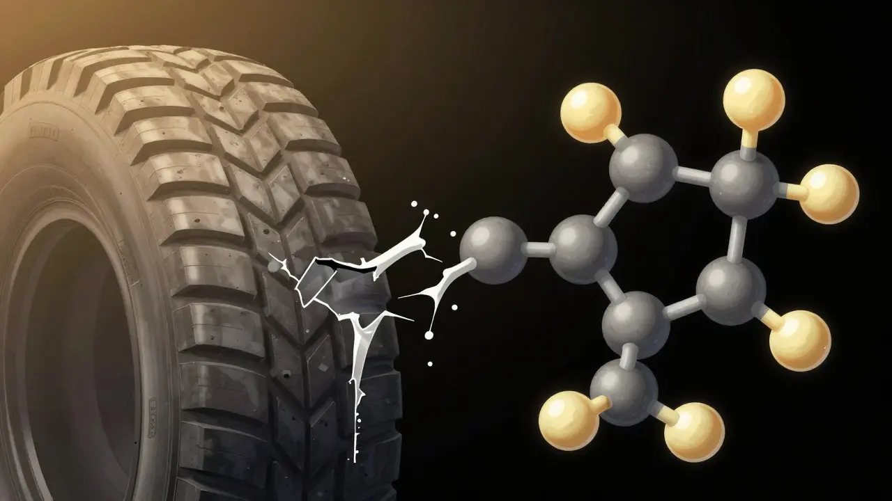 Molekulární reprezentace rozpadlých řetězců v gumě a lipidových molekulách, které je spojují jako mosty, v vědeckém stylu.