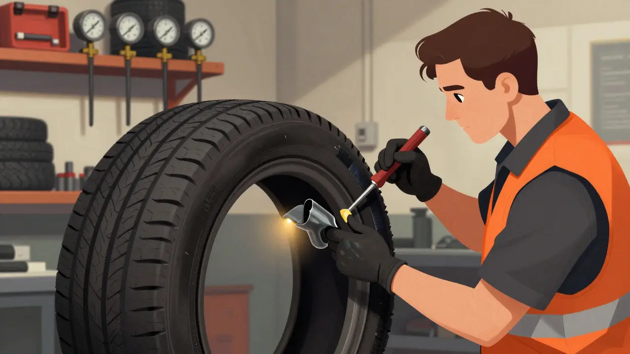 Opravář v dílně vkládá zástrčku do vnitřní vrstvy pneumatiky s hřebíkem, pracuje s odbornými nástroji.